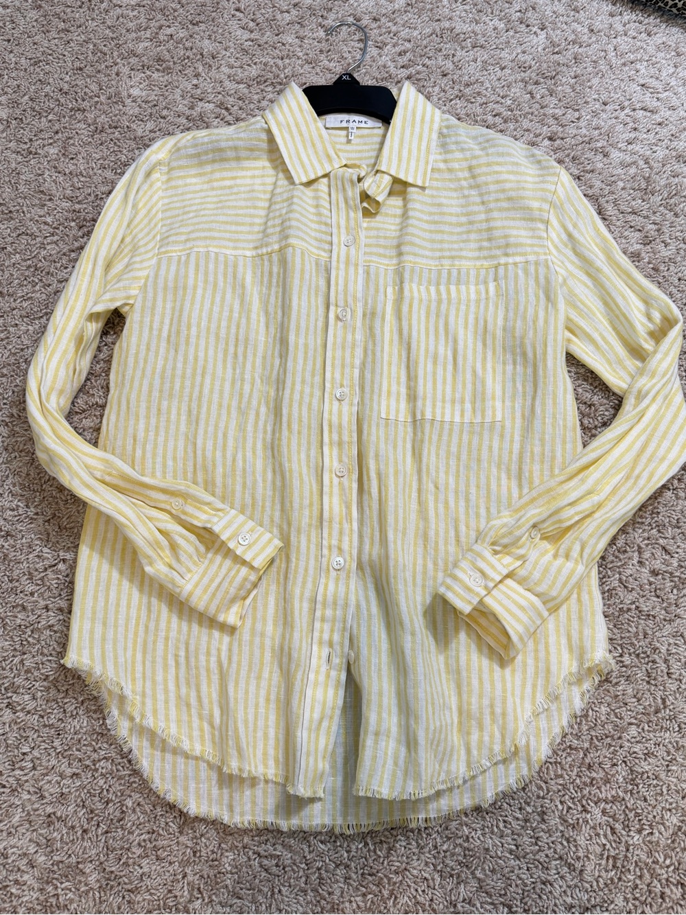 Frame Denim Pale Yellow Striped Linen Button-Down Shirt Size XS